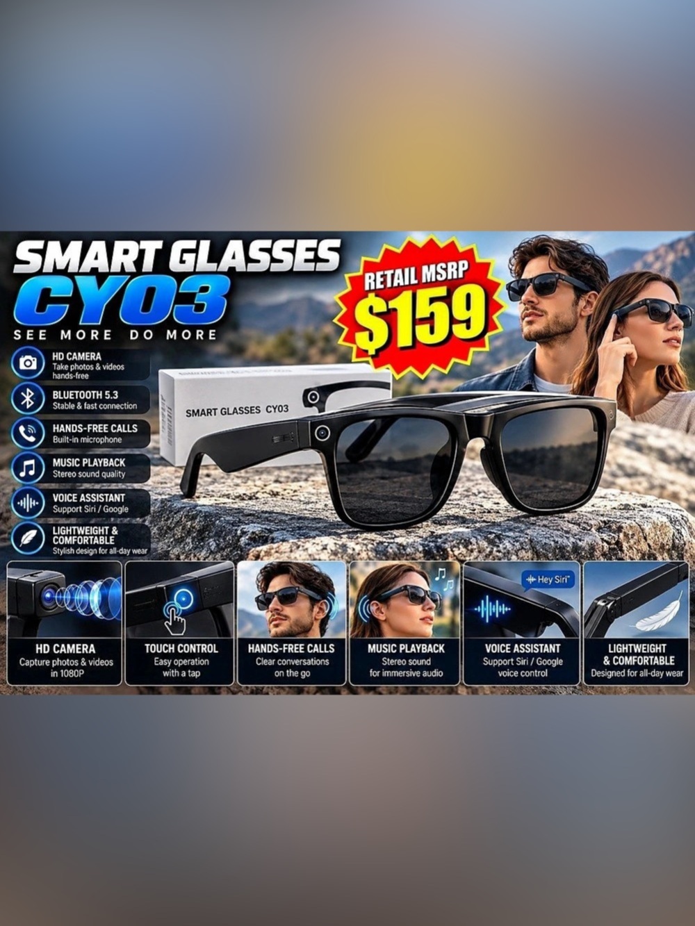 CY03 AI Smart Recording Glasses Black